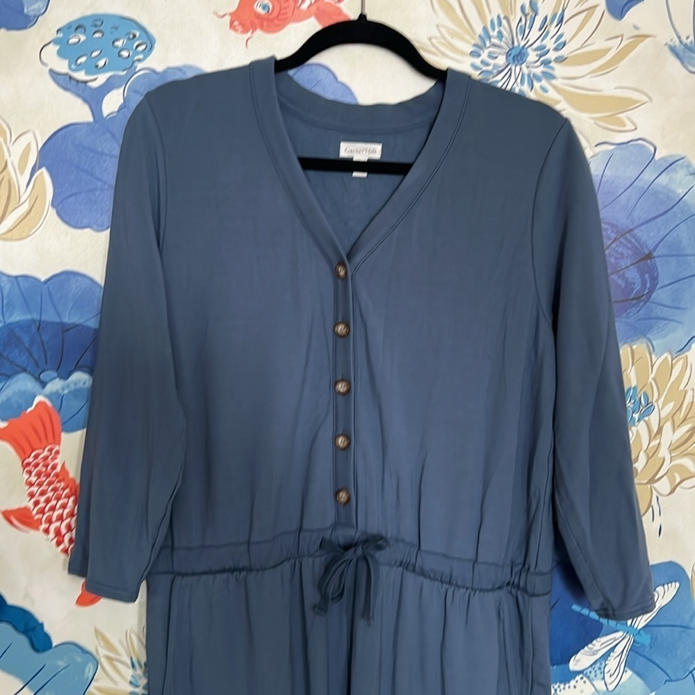 Garnet Hill Relaxed Fit French Terry Ankle Length V-neck Jumpsuit in Blue - M - Picture 4 of 9
